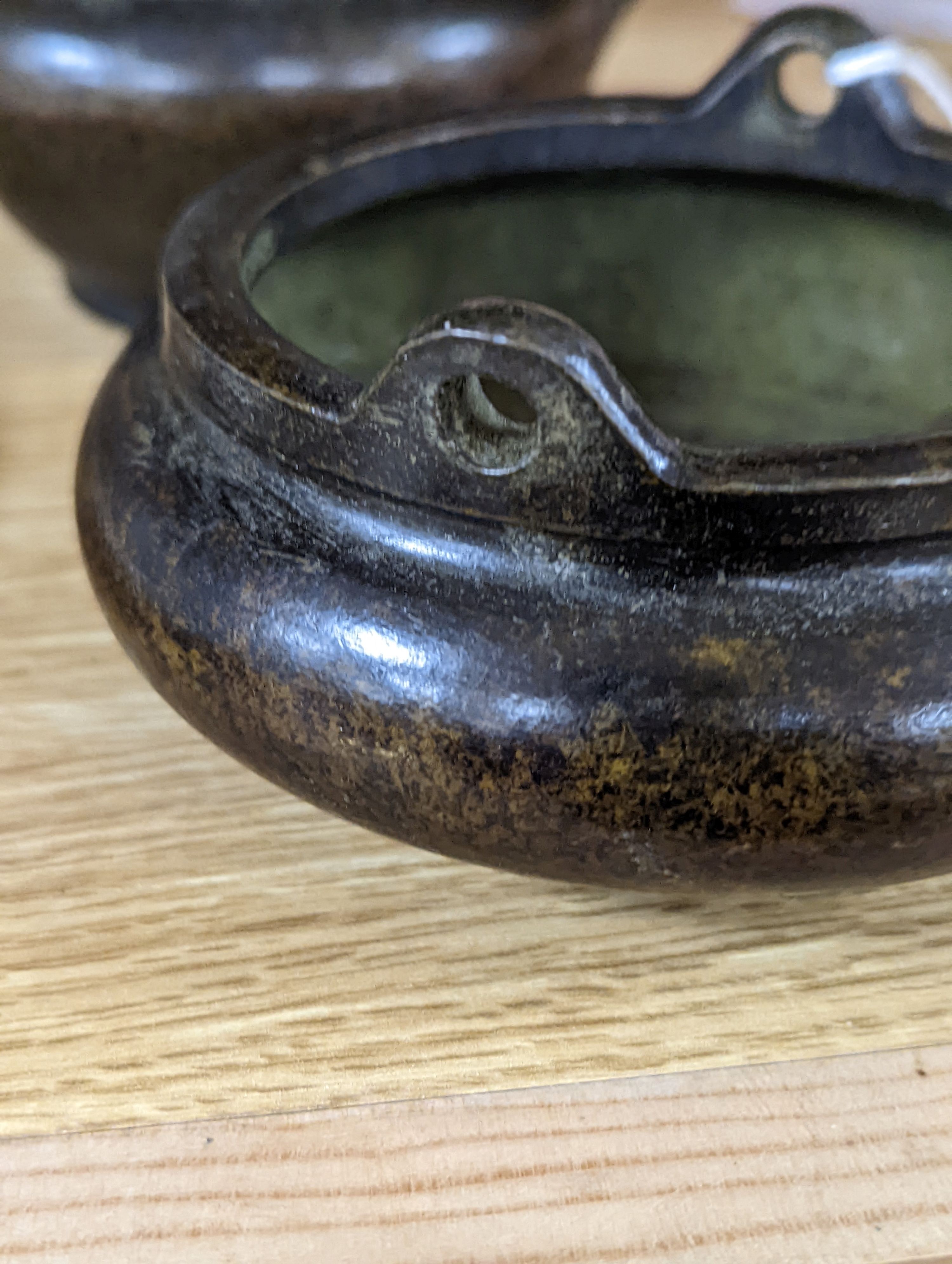 A Chinese bronze tripod censer and a Chinese bronze censer and cover 11cm